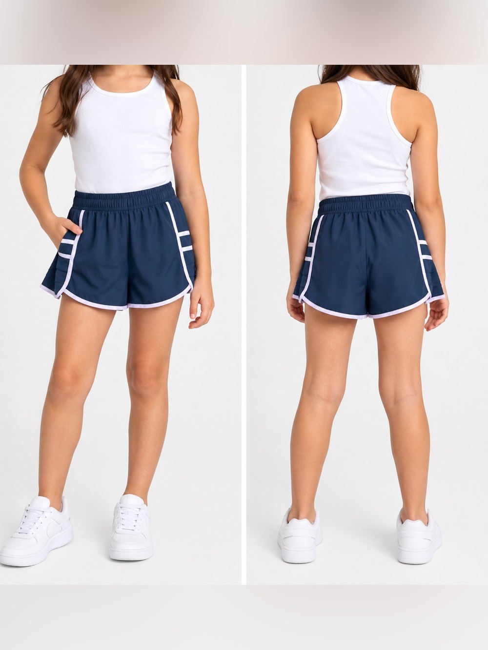 A Revival navy blue shorts with white side stripes, size XS